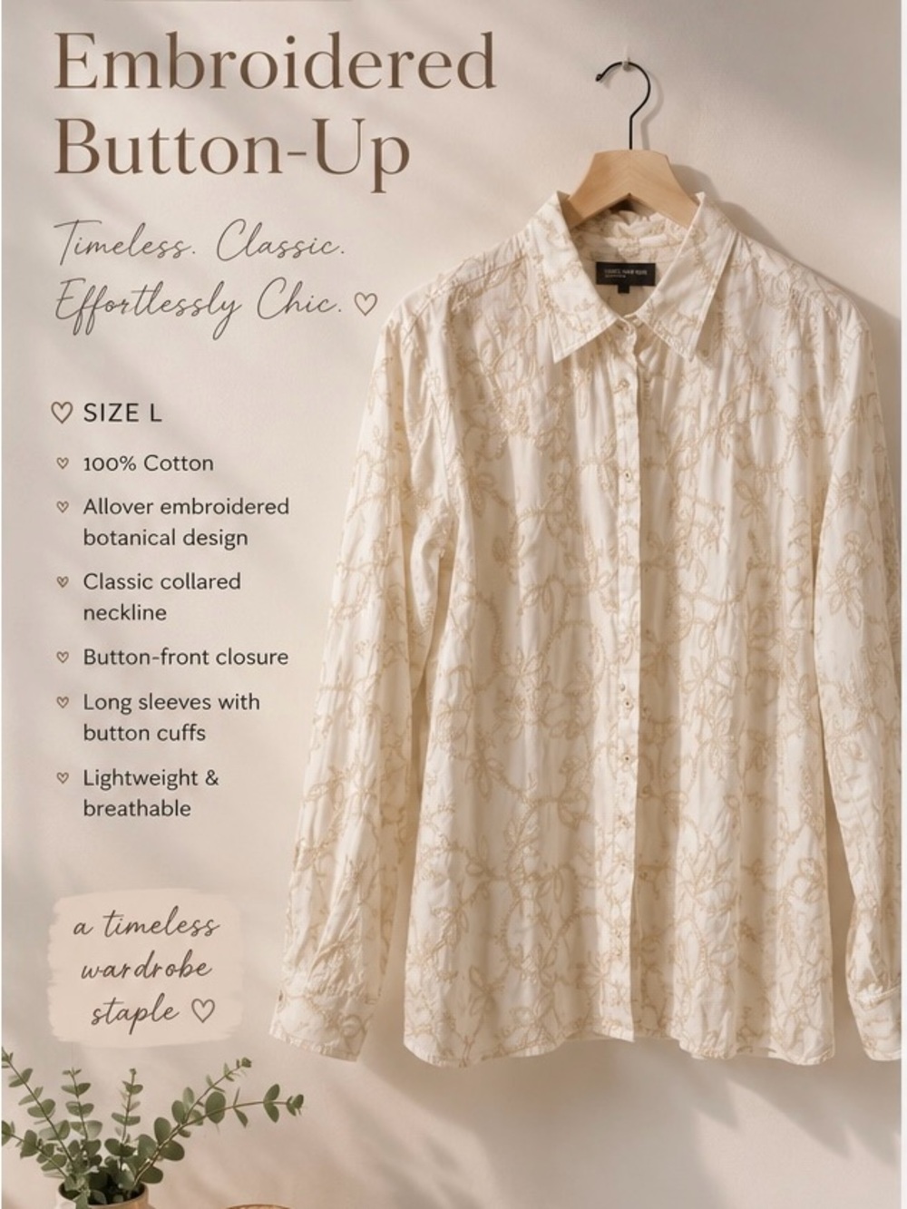 Jones New York Embroidered Button-Up Shirt — Cream Botanical